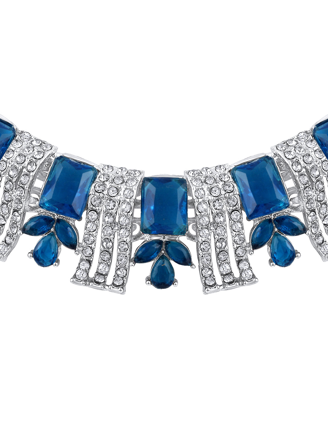 Rhodium Plated Royal Blue And White Stone Studded Choker Jewellery Set