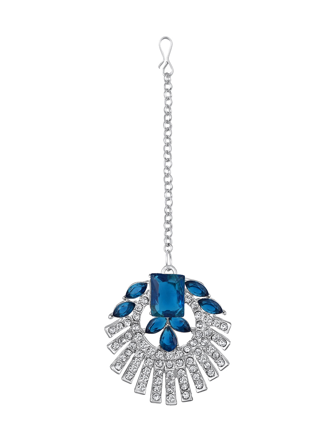 Rhodium Plated Royal Blue And White Stone Studded Choker Jewellery Set