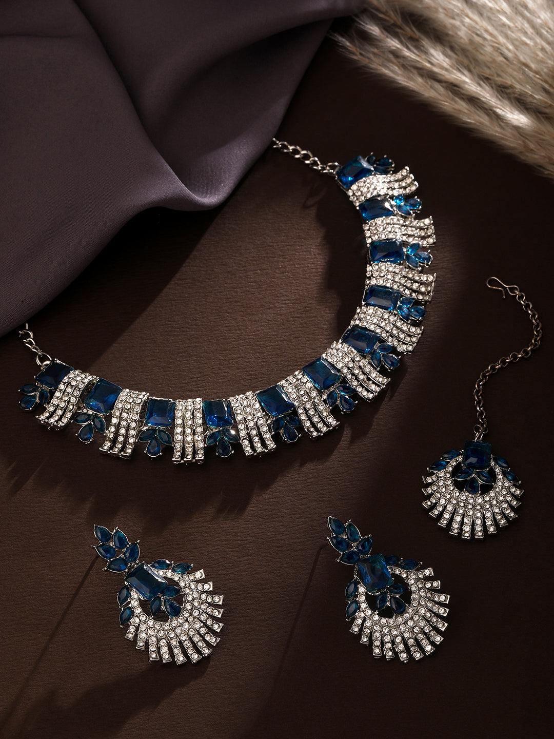 Rhodium Plated Royal Blue And White Stone Studded Choker Jewellery Set