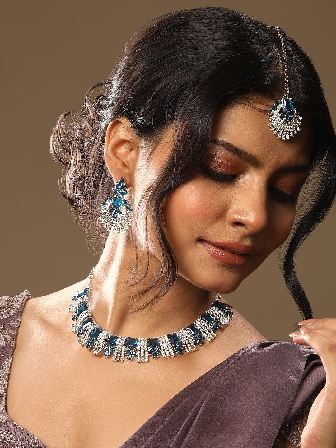 Rhodium Plated Royal Blue And White Stone Studded Choker Jewellery Set