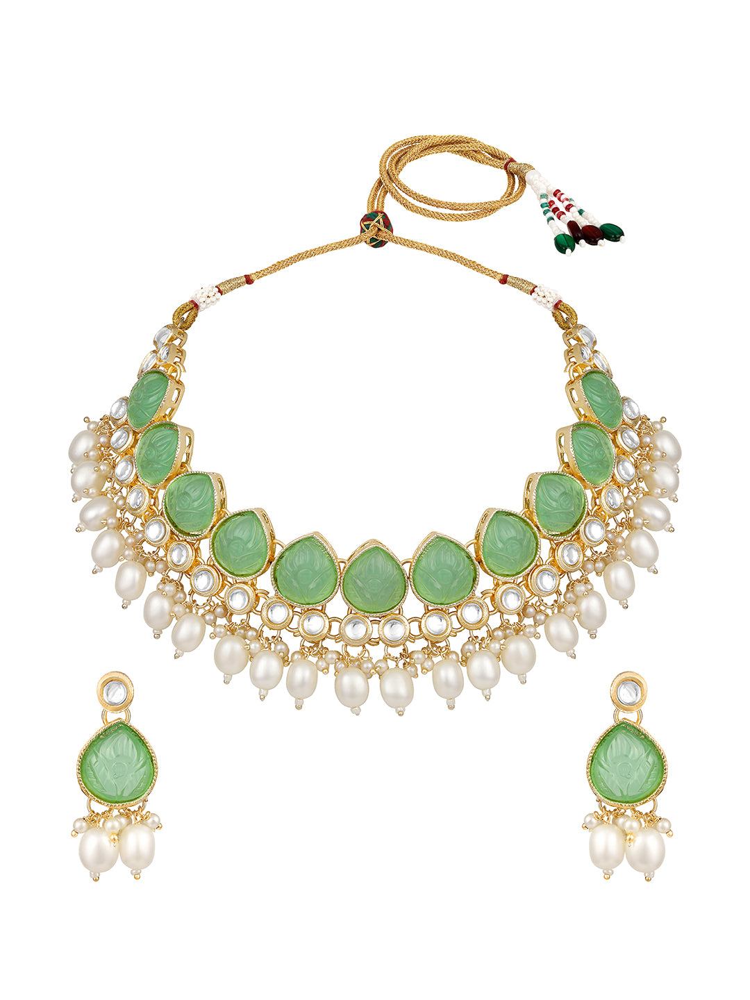 Light Green Gold Plated Beaded & Artificial Stone Studded Choker Jewellery Set