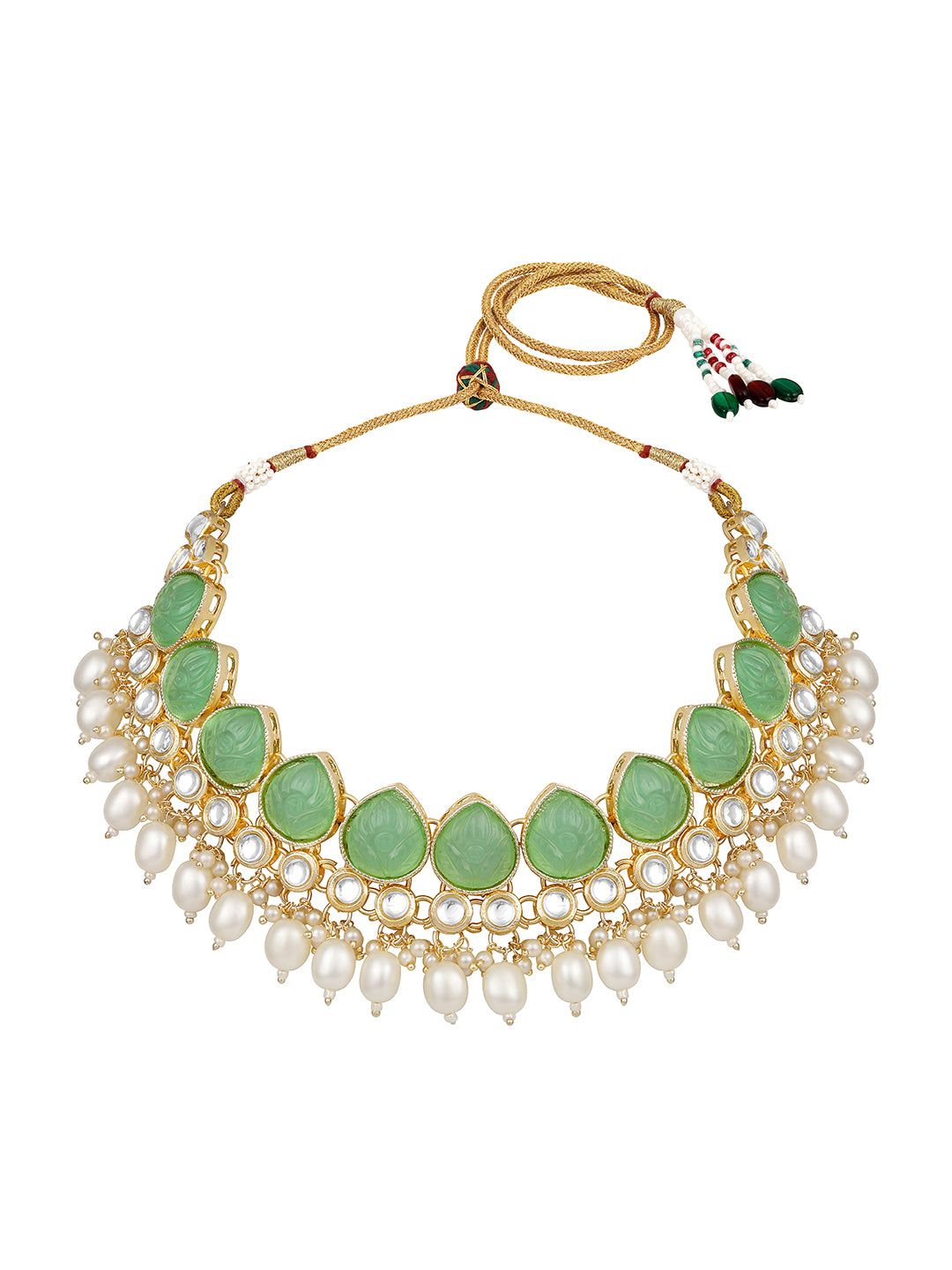 Light Green Gold Plated Beaded & Artificial Stone Studded Choker Jewellery Set
