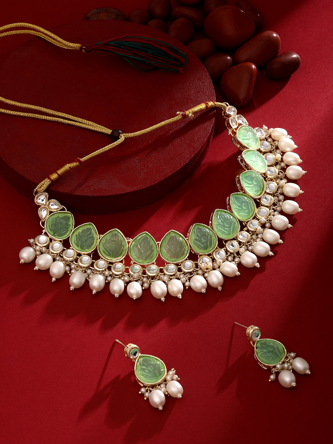 Light Green Gold Plated Beaded & Artificial Stone Studded Choker Jewellery Set