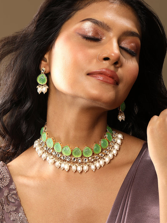 Light Green Gold Plated Beaded & Artificial Stone Studded Choker Jewellery Set