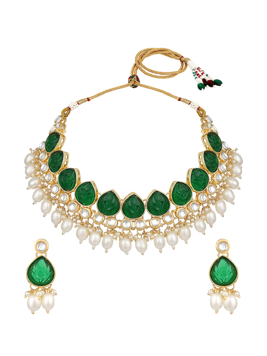 Green Gold Plated Beaded & Artificial Stone Studded Choker Jewellery Set