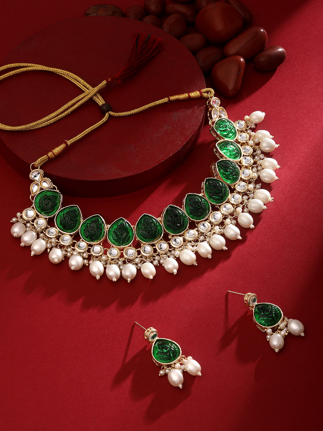 Green Gold Plated Beaded & Artificial Stone Studded Choker Jewellery Set