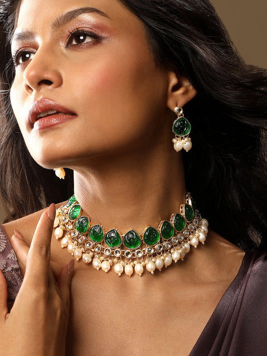 Green Gold Plated Beaded & Artificial Stone Studded Choker Jewellery Set