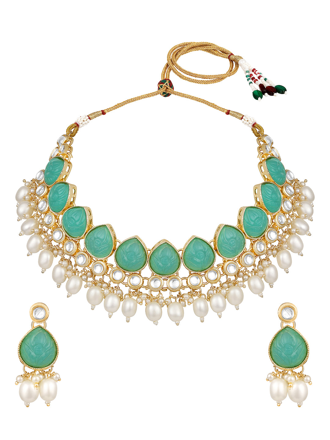 Turquoise Gold Plated Beaded & Artificial Stone Studded Choker Jewellery Set