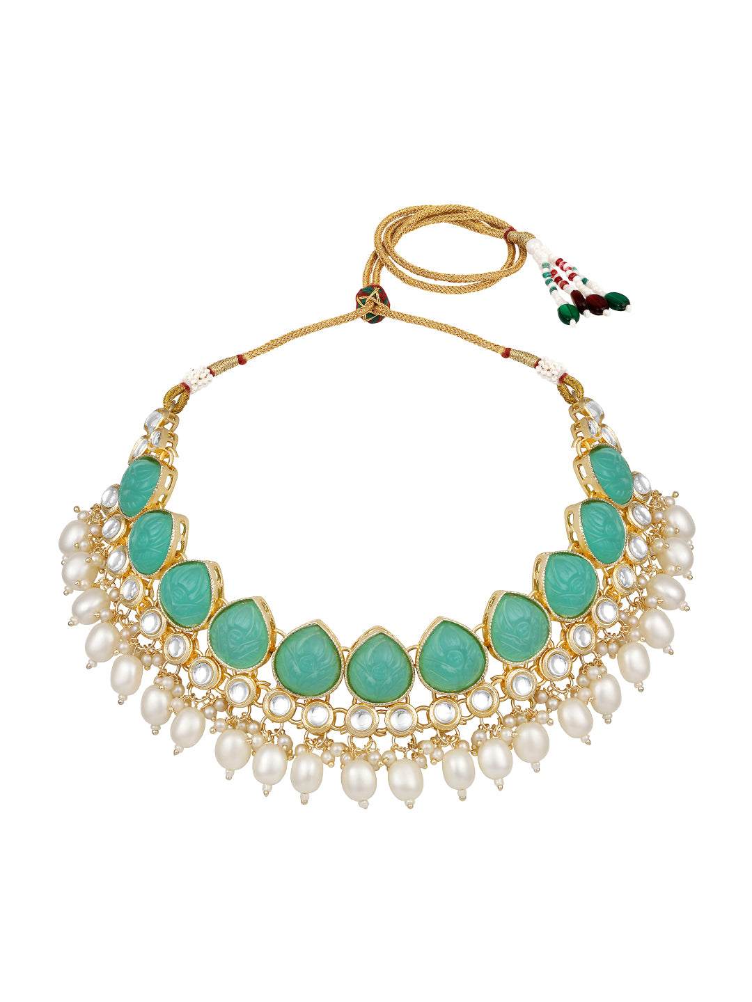 Turquoise Gold Plated Beaded & Artificial Stone Studded Choker Jewellery Set
