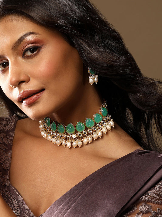 Turquoise Gold Plated Beaded & Artificial Stone Studded Choker Jewellery Set