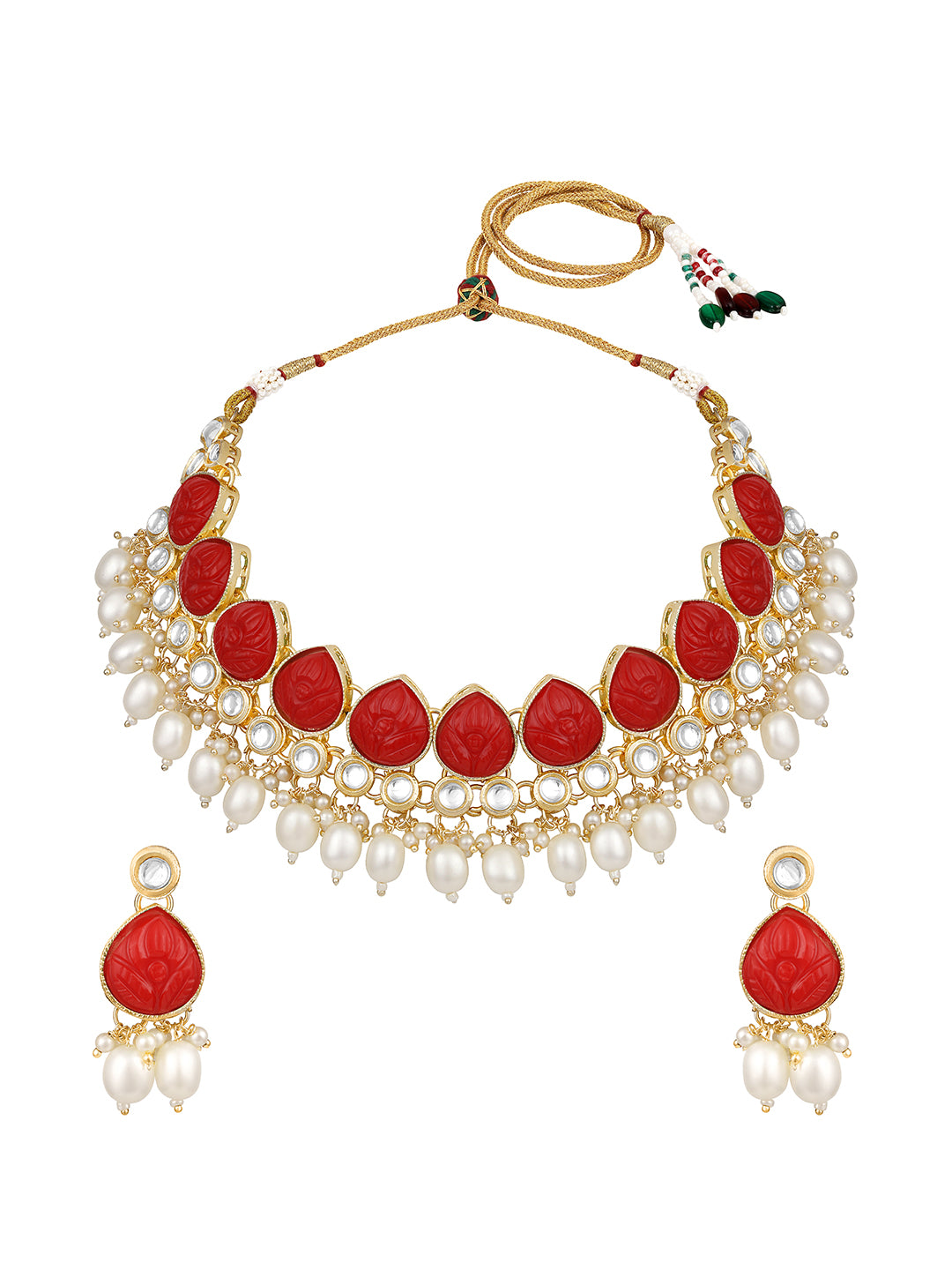 Ruby Red Gold Plated Beaded & Artificial Stone Studded Choker Jewellery Set