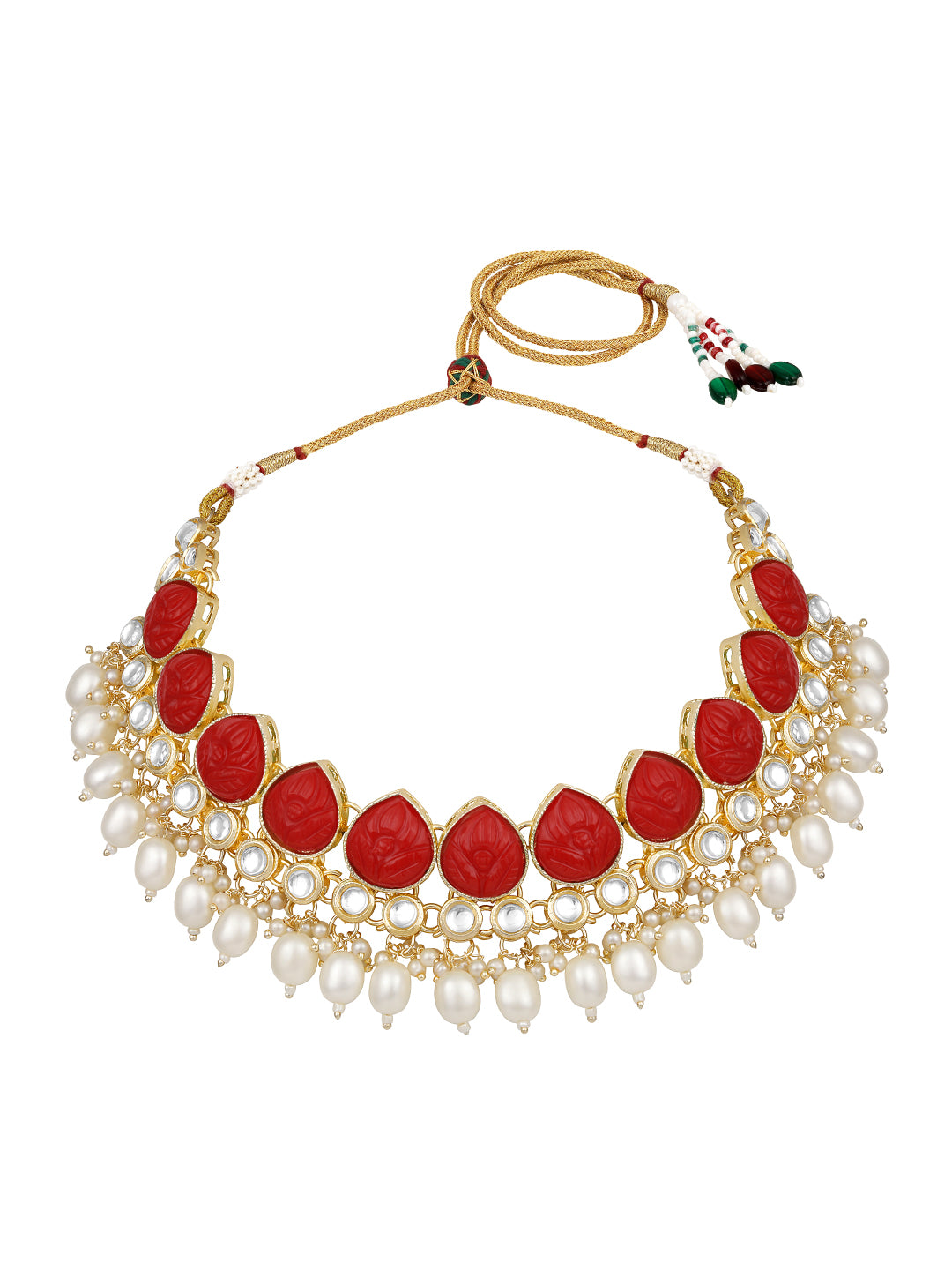 Ruby Red Gold Plated Beaded & Artificial Stone Studded Choker Jewellery Set