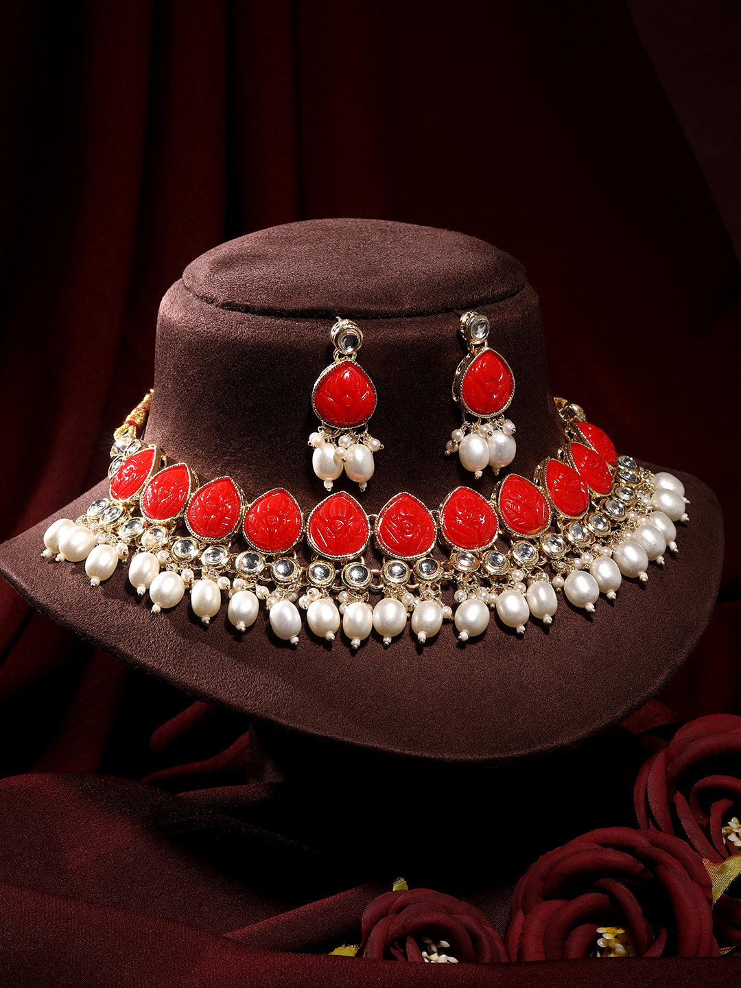 Ruby Red Gold Plated Beaded & Artificial Stone Studded Choker Jewellery Set