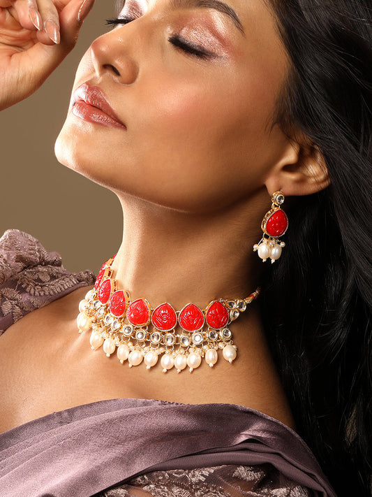 Ruby Red Gold Plated Beaded & Artificial Stone Studded Choker Jewellery Set