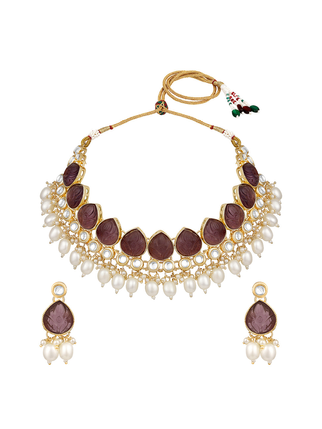 Wine Gold Plated Beaded & Artificial Stone Studded Choker Jewellery Set