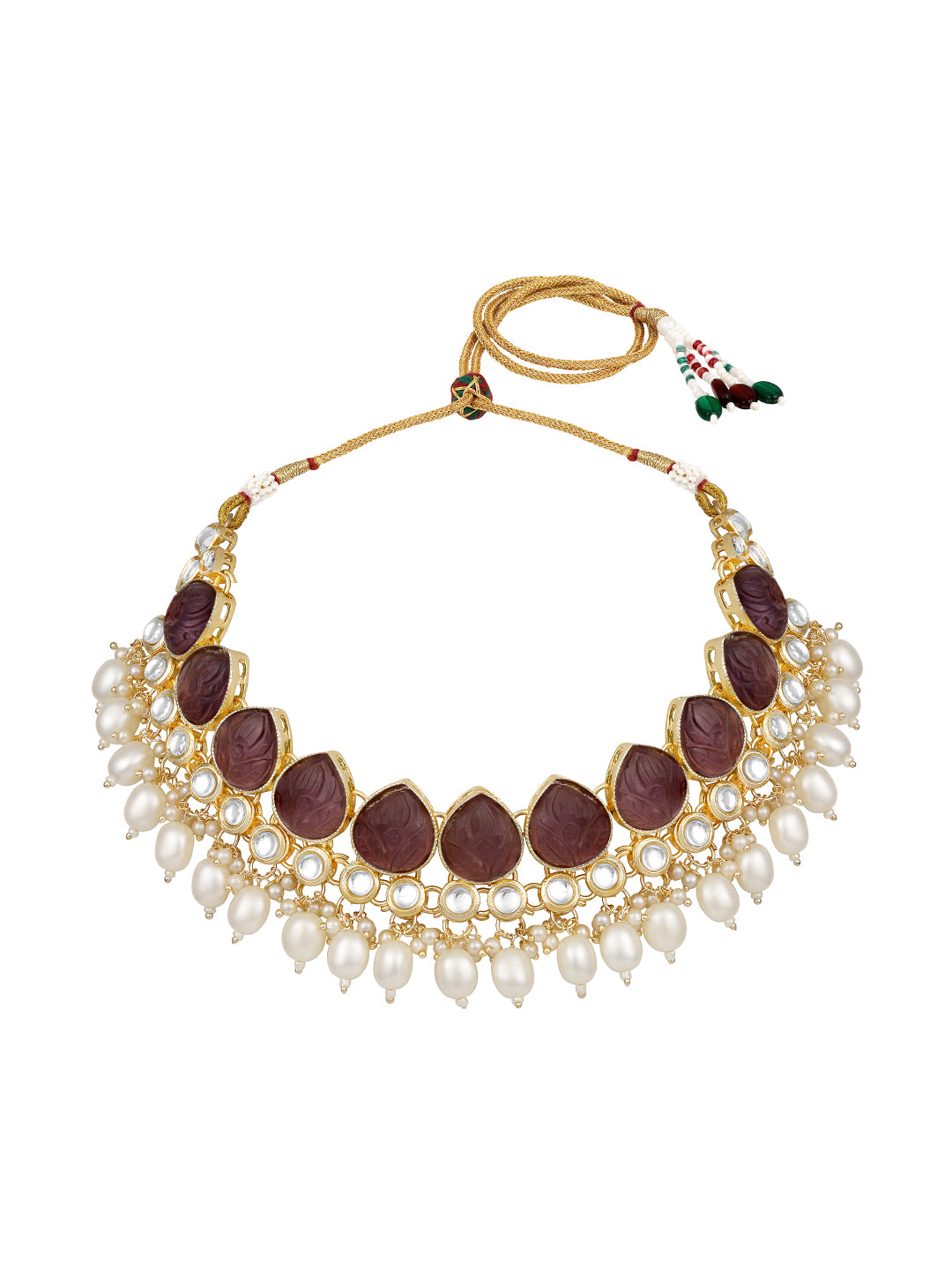 Wine Gold Plated Beaded & Artificial Stone Studded Choker Jewellery Set