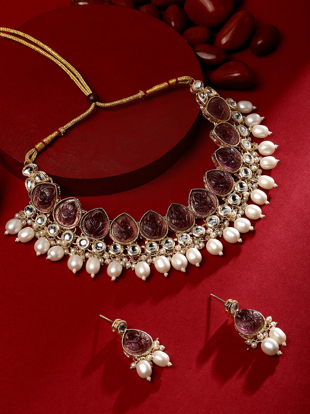 Wine Gold Plated Beaded & Artificial Stone Studded Choker Jewellery Set