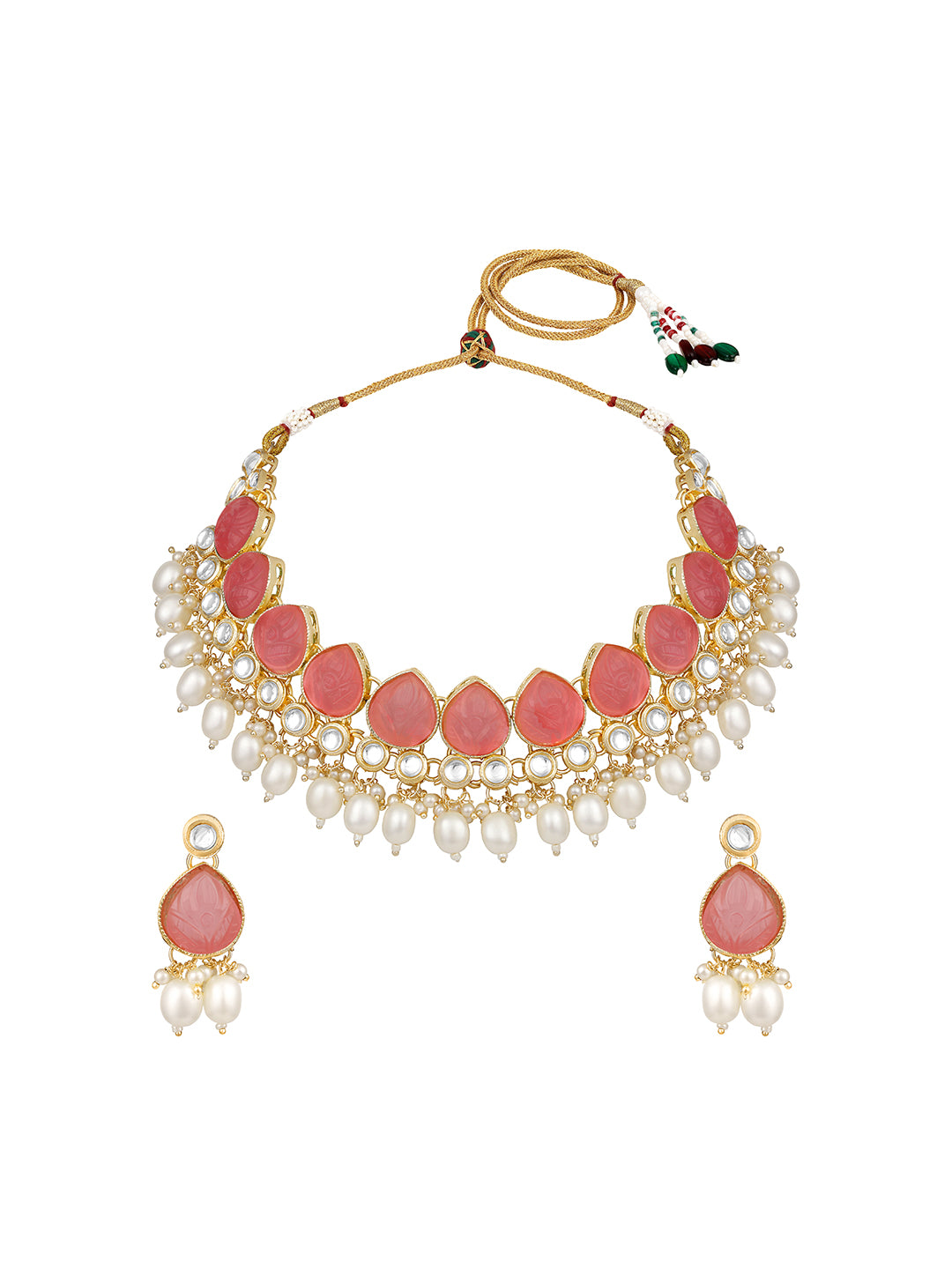 Baby Pink Gold Plated Beaded & Artificial Stone Studded Choker Jewellery Set