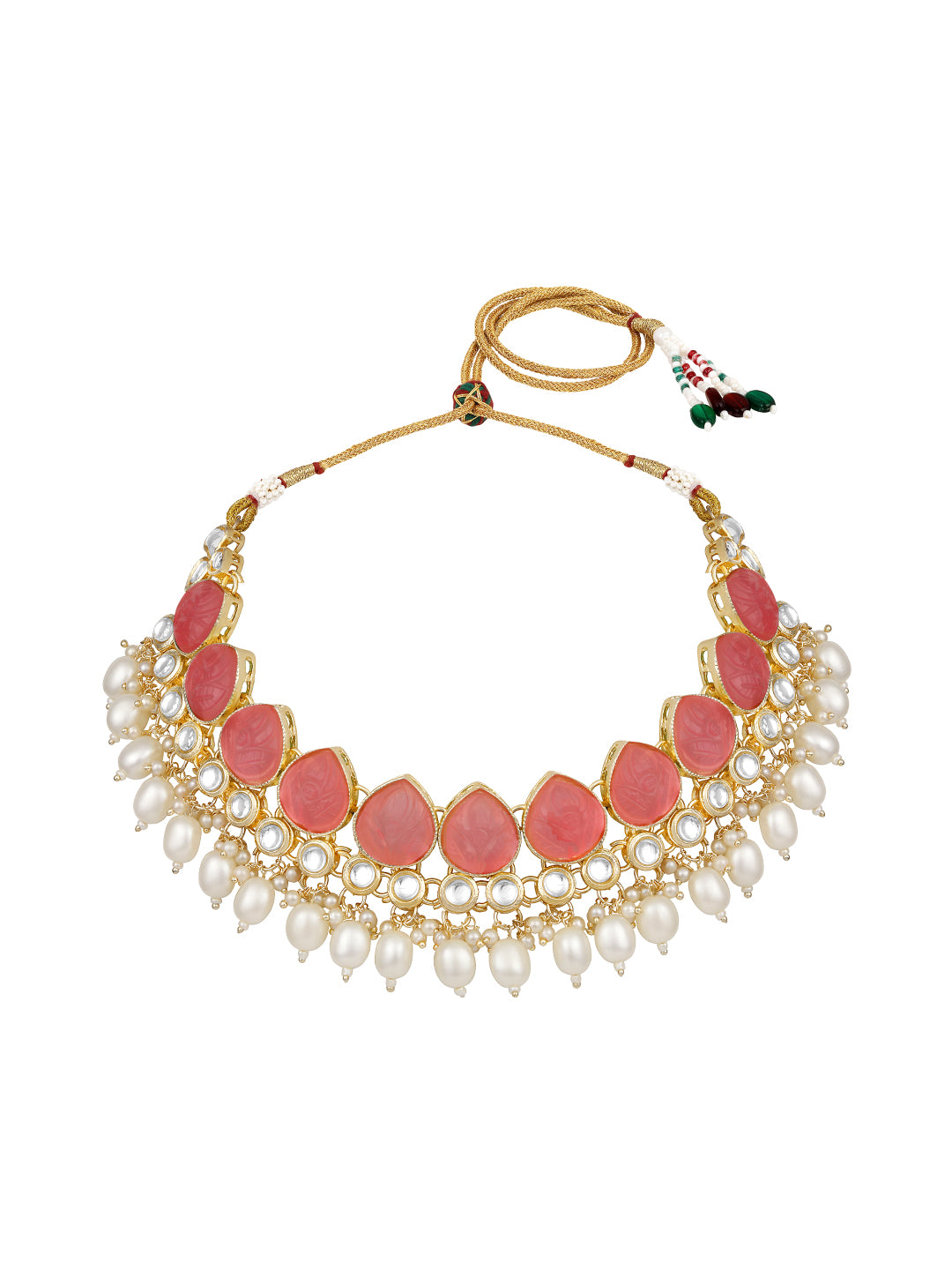 Baby Pink Gold Plated Beaded & Artificial Stone Studded Choker Jewellery Set