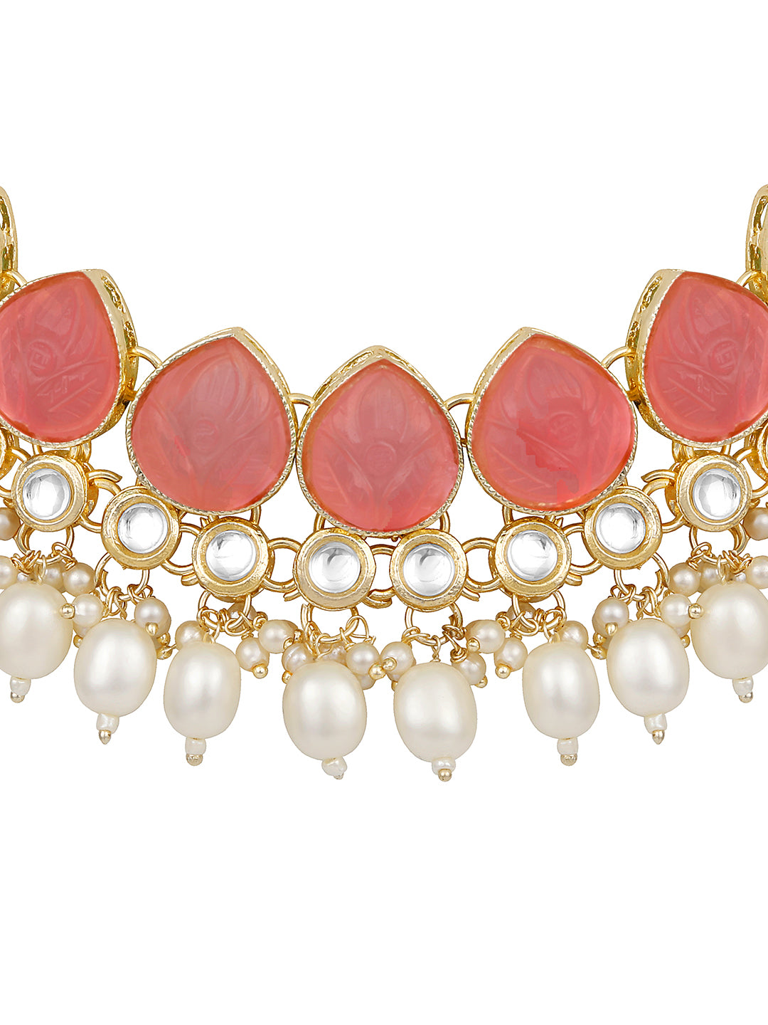 Baby Pink Gold Plated Beaded & Artificial Stone Studded Choker Jewellery Set