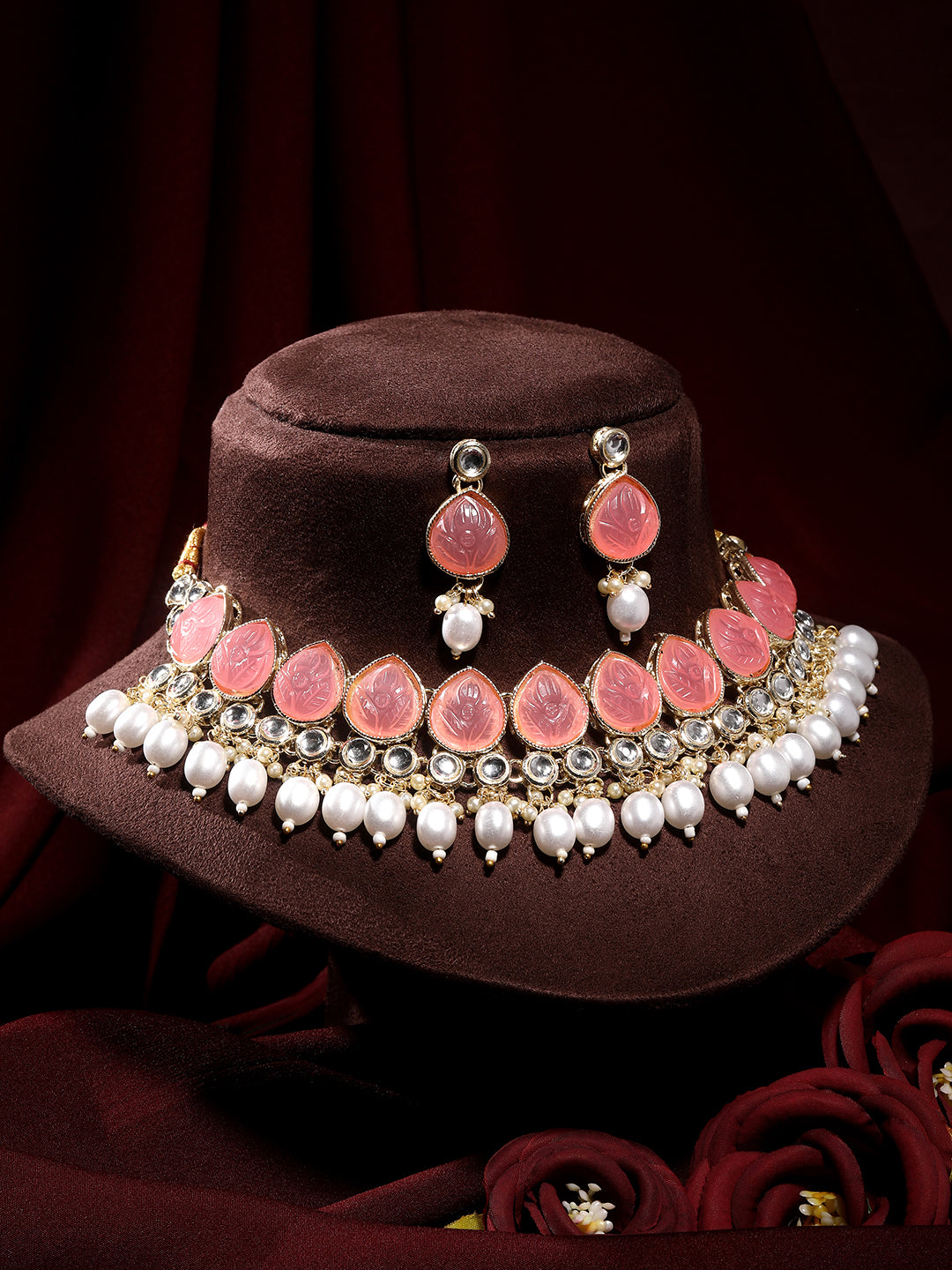 Baby Pink Gold Plated Beaded & Artificial Stone Studded Choker Jewellery Set