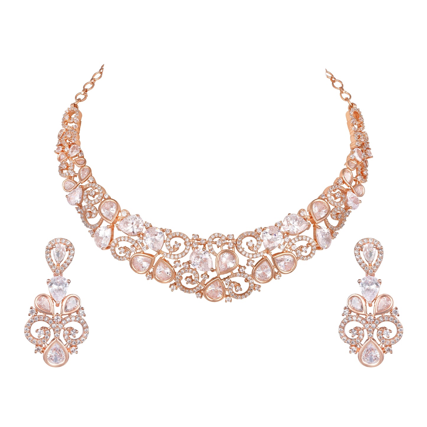 Carat Plating Cz American Diamond Necklace Set With Dangle Earring