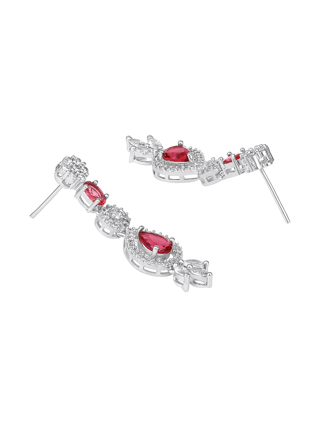 Elegant Ruby & Diamond-Studded Silver-Plated Necklace Set