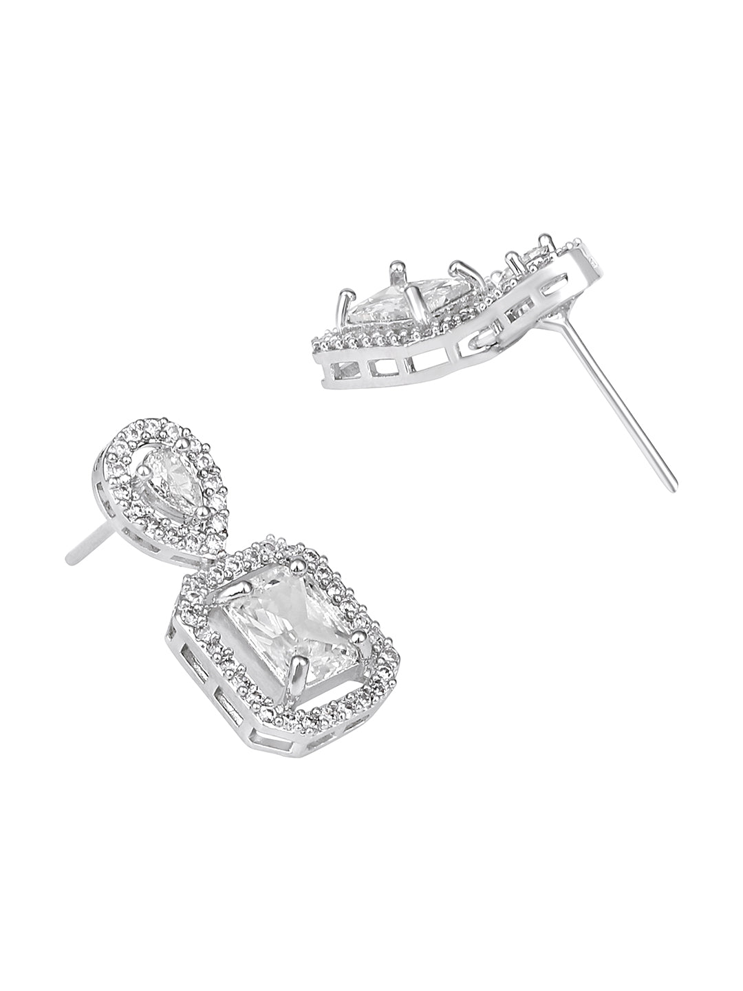 Silver-Tone CZ Stone Designer Necklace Set with Dangler Earrings