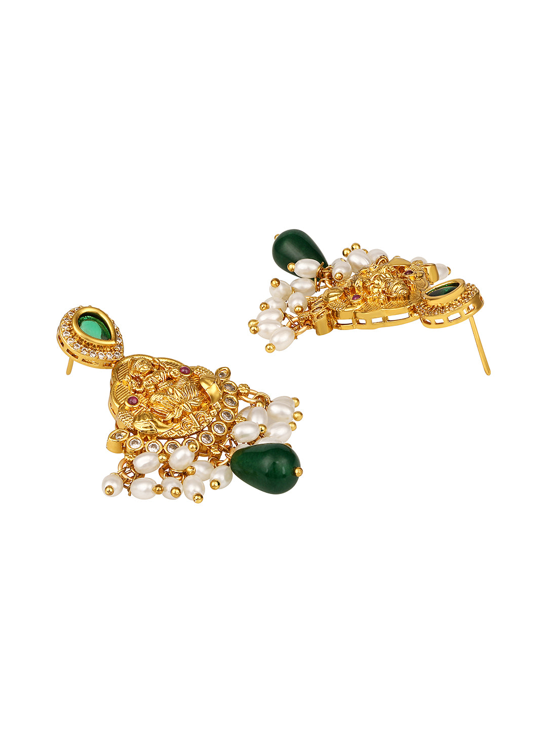 Gold Plated Temple Necklace Set with Green Stones & Pearl Jhumka Earrings