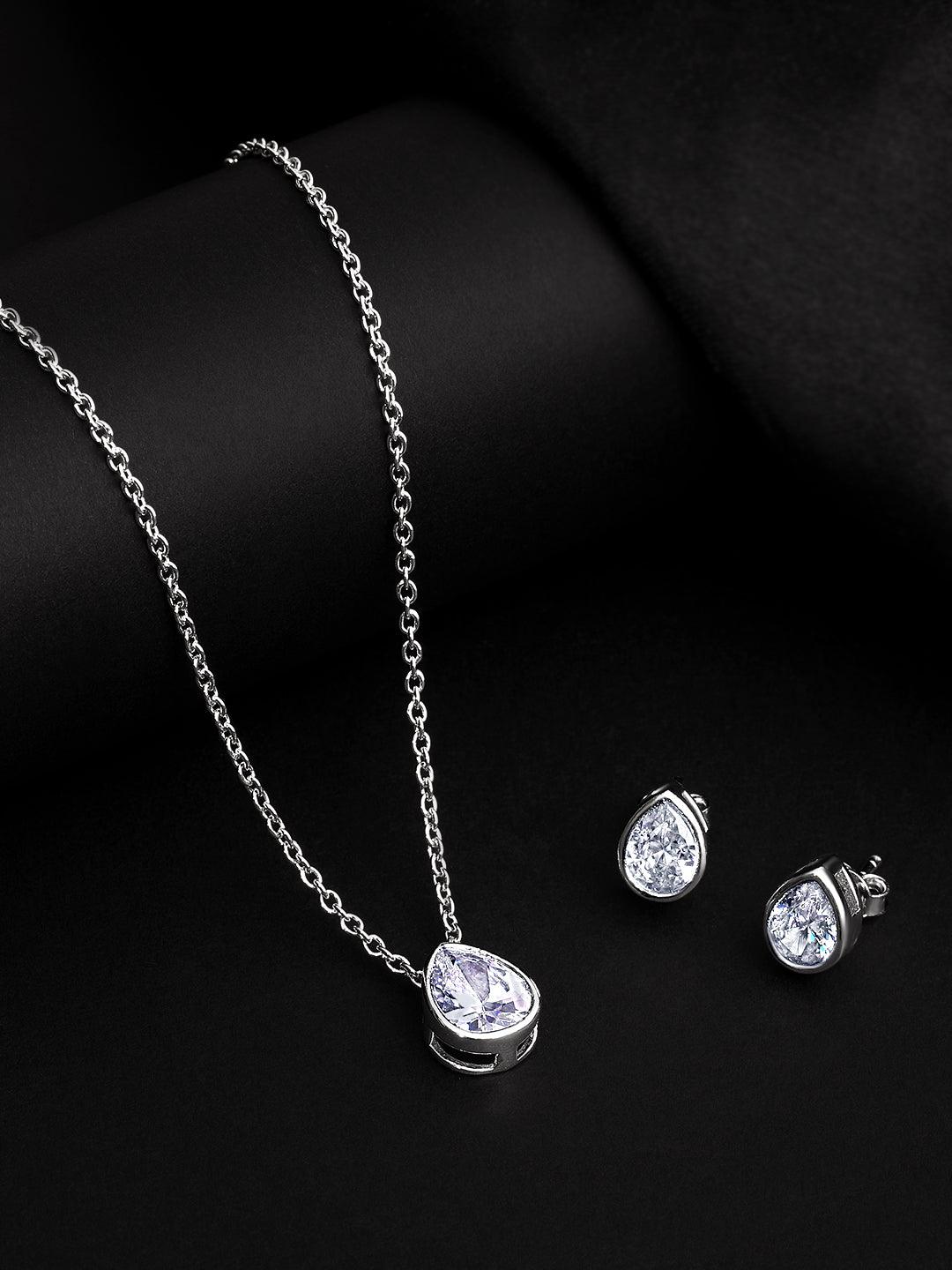 Radiant Luxe: Rhodium & CZ Pendant Earring Set - ASMITTA Jewellery