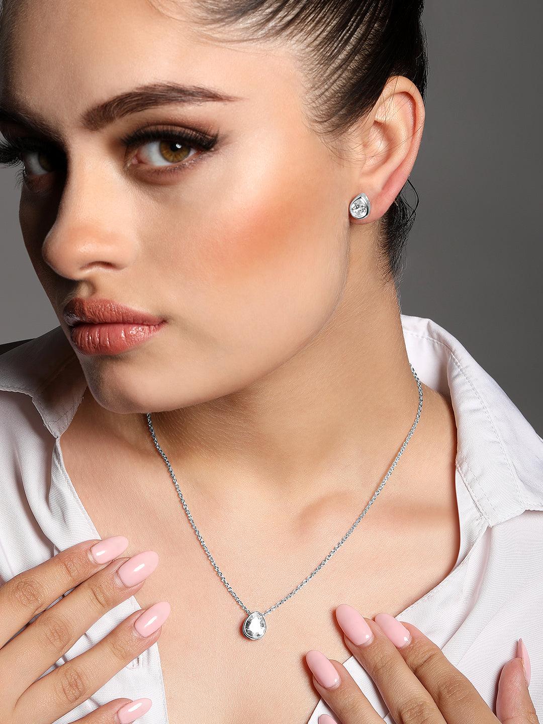 Radiant Luxe: Rhodium & CZ Pendant Earring Set - ASMITTA Jewellery