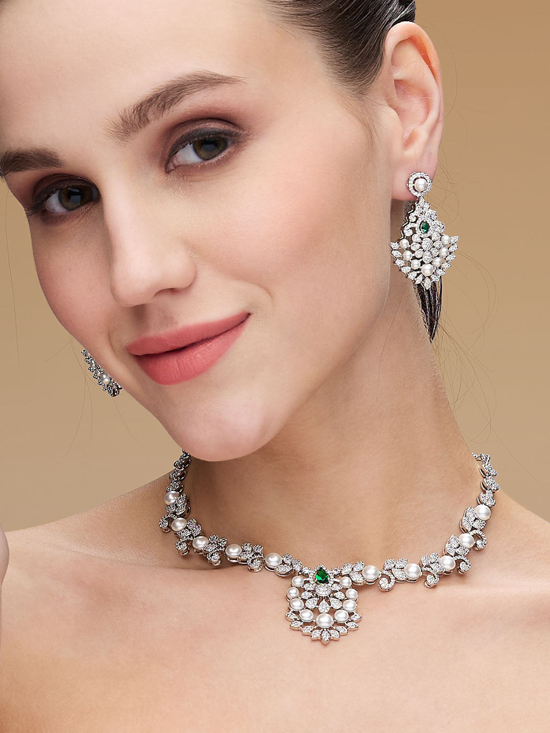 Rhodium-Plated Cubic Zirconia & Pearls Studded Jewellery Set