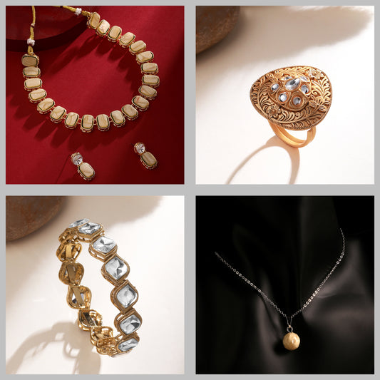 Rakhi Special Jewellery Gift Combo – Gold-Plated Necklace Set, Adjustable Ring, Kundan Bracelet, and Pearl Pendant Chain
