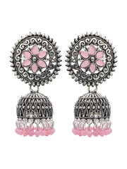 Silver-Toned Pink Oxidised Beaded Dome Shaped Jhumkas