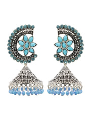 Silver-Plated Sky Blue Stone Studded Flower Shaped Jhumkas Earrings