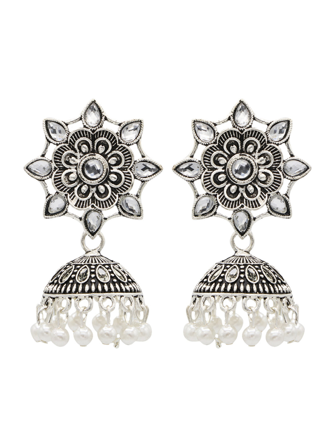 Silver-Plated White Stone Studded Flower Shaped Jhumkas Earrings