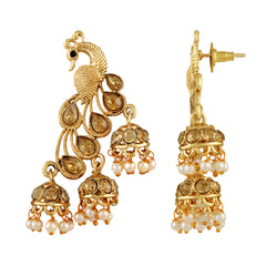 Off-White Antique Gold-Plated Peacock Shaped Jhumkas