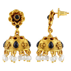 Gold-Plated & Black Stone Studded Dome Shaped Jhumkas