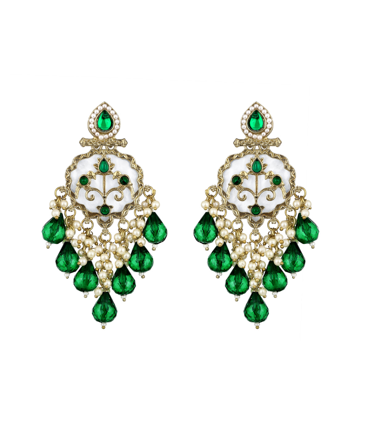 Traditional Crystal Stone Studded Emerald Drop Earrings