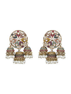 Multicolor Artifical American Diamonds Mahendi Gold Plating Jhumki Earring