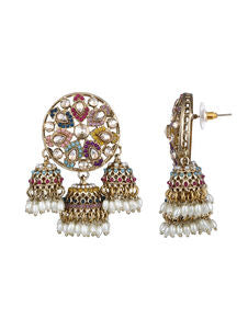 Multicolor Artifical American Diamonds Mahendi Gold Plating Jhumki Earring