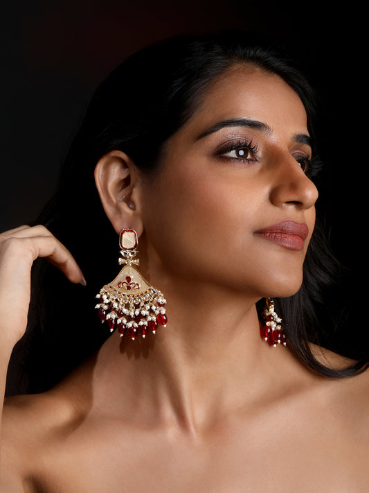 Gold-Plated Kundan Studded & Pearls Beaded Contemporary Drop Earrings