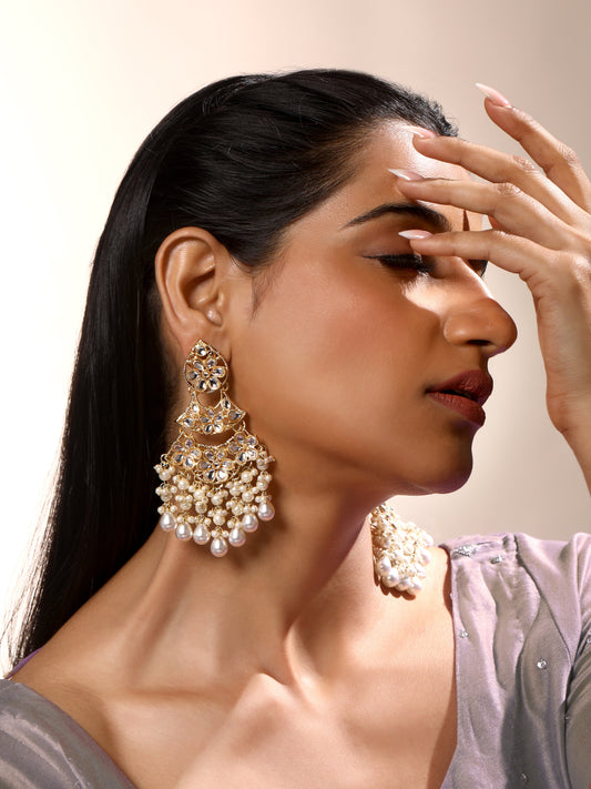 Gold-Plated Kundan Studded & Pearls Beaded Floral Drop Earrings