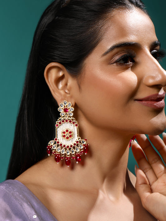 Gold-Plated Kundan Studded & Pearls Beaded Contemporary Drop Earrings