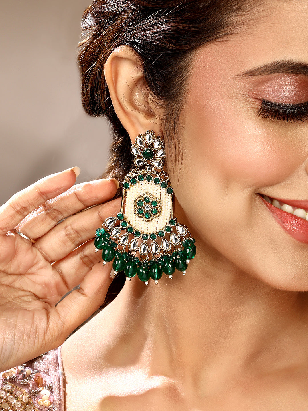 Multicolor American Diamonds Pearl  Mahendi Gold Plated  Dangle Earring