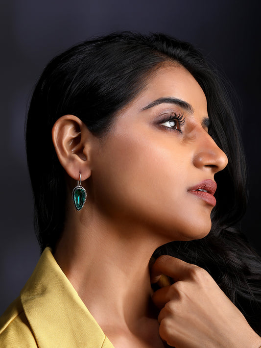 Silver-Plated Emerald Studded Oxidised Teardrop Shaped Hoop Earrings
