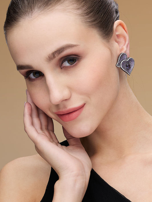 Rhodium Plated Cubic Zirconia Studded Heart Shaped Studs