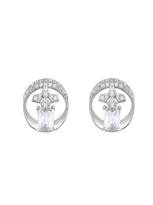 Sterling Silver Stud Earrings With Cubic Zirconia American Diamonds And Rhodium Plating.
