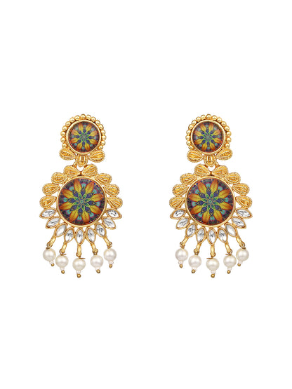 Gold Plated Multicolor Floral Printed Dangle Earring