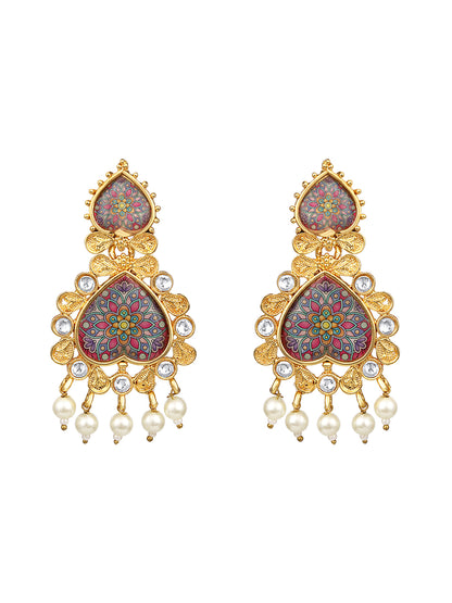 Gold Plated Multicolor Floral Printed Dangle Earring